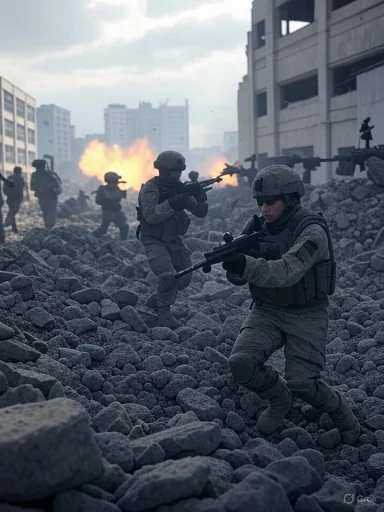 Soldiers advancing through rubble in a conflict zone, with explosions in the background.