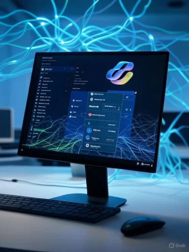 A computer screen displays a digital interface with a connected neural network graphic, highlighted by glowing blue neural pathways.