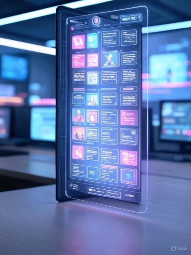 A transparent digital interface displays social media content on a futuristic screen in a high-tech control room.