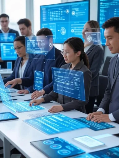 A team of professionals interacts with advanced holographic digital interfaces in a high-tech, futuristic office environment.