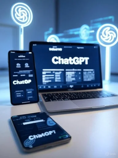 Multiple devices display the ChatGPT interface in a tech workspace setting.