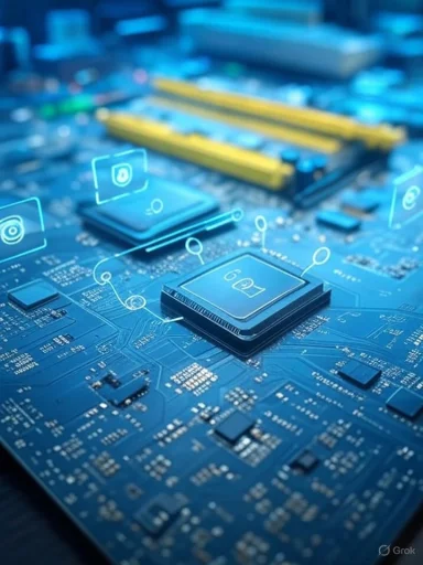 Close-up of a computer motherboard with digital interface overlays highlighting key components.