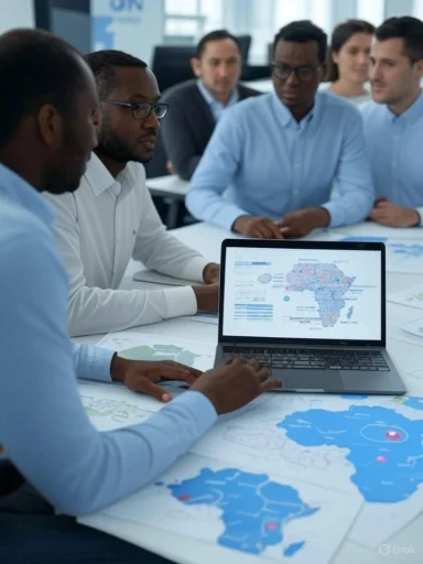 A diverse group of professionals discusses geographic data during a business meeting.
