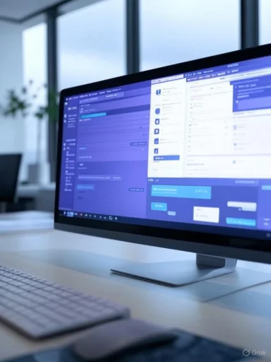A modern desktop with a large monitor displaying a social media or messaging platform in a bright office.