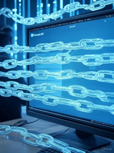 Digital chains surround a computer screen, symbolizing cybersecurity threats or data security concepts.