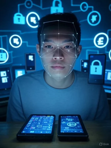A person with facial recognition overlays surrounded by digital security icons and two tablets displaying data.