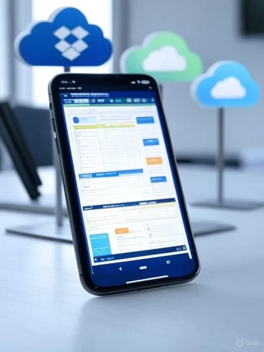 A smartphone displays a cloud storage app on a desk, with illuminated cloud icons in the background.