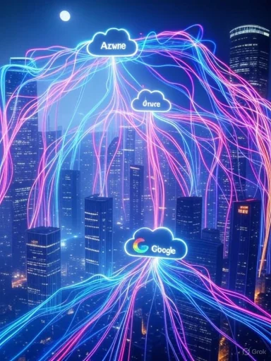 A city skyline illuminated with colorful, neural network-inspired light trails connecting Google and cloud icons.