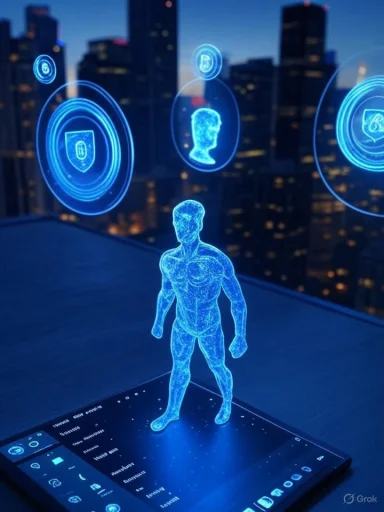 A digital hologram of a human figure with health and security icons against a city skyline at night.