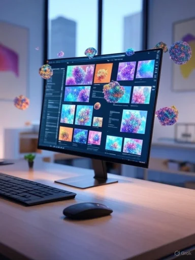Computer screen displaying colorful microscopic images of viruses, with floating virus models around it.