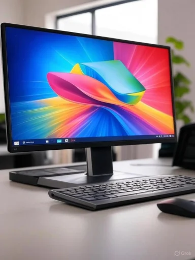 A sleek desktop setup features a curved monitor with vibrant abstract wallpaper, a keyboard, mouse, and modern workspace.