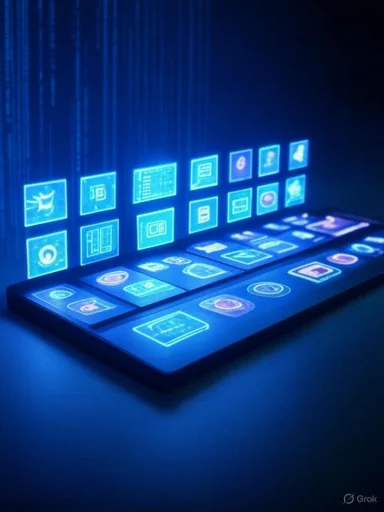 A futuristic touch screen interface with glowing app icons and data displays projected in blue on a dark background.