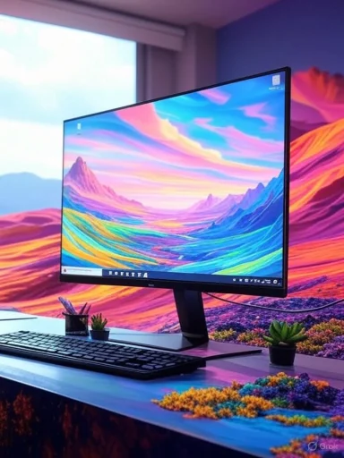 A colorful landscape wallpaper is displayed on a computer monitor with a matching outdoor-themed desk setup.