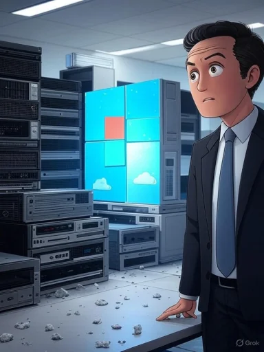 A man in a suit looks surprised in a server room with digital screens and scattered debris on the table.