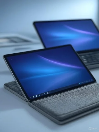 Two laptops with blue screens are displayed, one with a grey fabric cover, in a minimalistic setting.