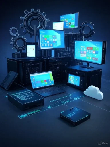 Multiple digital devices and screens interconnected with gears, symbolizing technology and cloud computing.