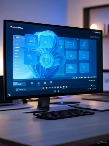 A computer monitor displaying a digital interface with various icons and options, placed on a desk in a modern office setting.