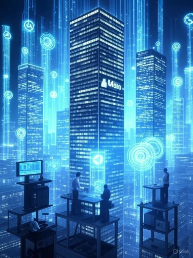 A futuristic digital cityscape with tall skyscrapers and people working on elevated platforms amidst glowing tech icons.