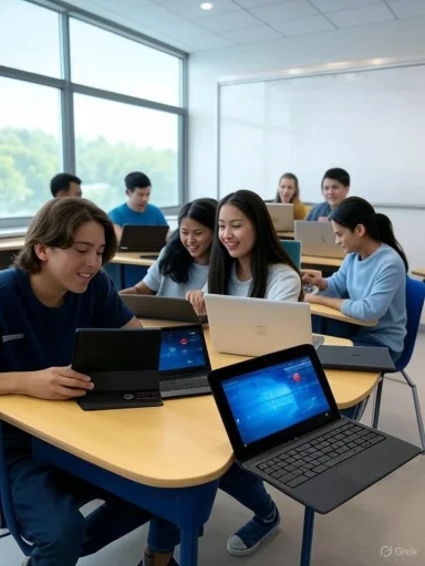 Students engage and collaborate using laptops in a bright classroom setting.