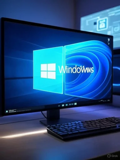 A computer monitor displays the Windows logo with a glowing blue background and a keyboard in front.