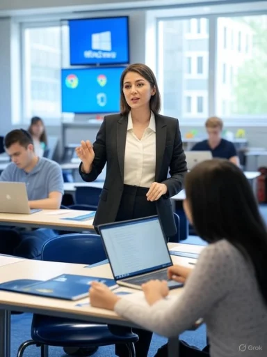 A professional woman presents to a classroom of students working on laptops.