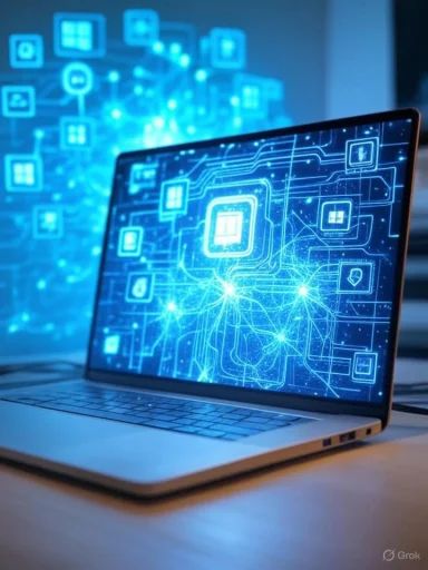 A laptop displaying a digital network of interconnected icons and circuits, representing technology and data connectivity.