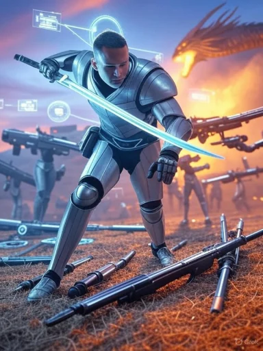 A futuristic soldier wields a glowing sword amid fallen weapons and dragons on a battlefield.