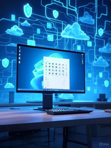 Computer monitor displaying a cloud computing interface with digital cloud and shield icons in the background.