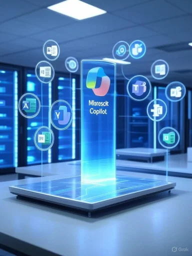 A holographic display of the Majesco Coplot logo surrounded by various app icons in a futuristic data center.