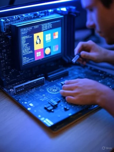 A person working on a computer embedded in a circuit board, surrounded by blue LED lighting and digital interface screens.