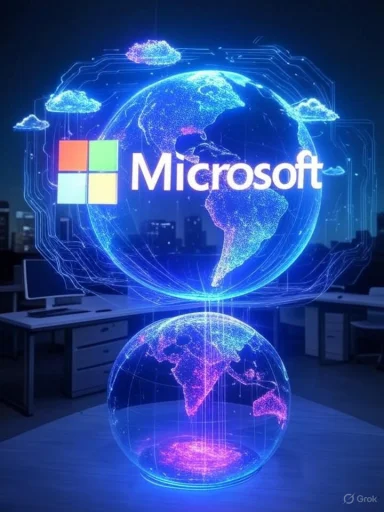 A digital globe with illuminated continents featuring the Microsoft logo, showcasing global connectivity and technology.