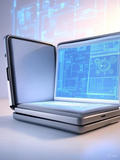 A futuristic laptop displaying digital blueprints and circuit diagrams on its holographic screens.