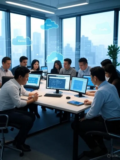 A business team is having a meeting in a modern conference room with multiple monitors and cloud icons on the window.