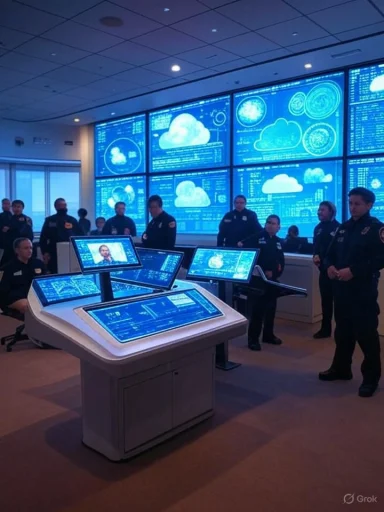 A control room with personnel in uniform monitoring cloud computing and data on multiple large digital screens.
