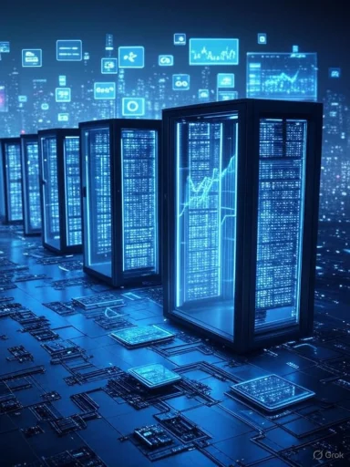 Futuristic data servers with glowing blue screens and digital analytics in a high-tech environment.