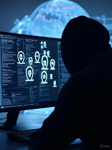 A masked individual monitors digital profiles on a computer screen in a dark, high-tech environment.