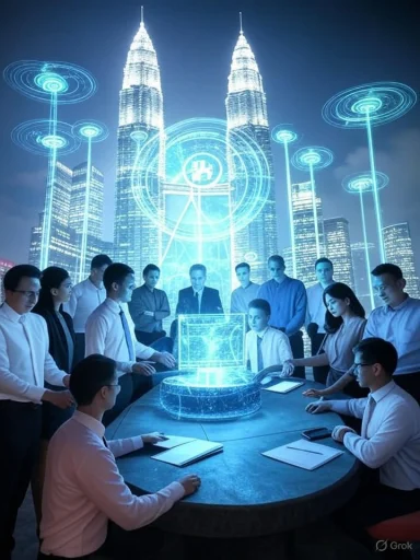 A futuristic business meeting with holographic displays in front of the Petronas Towers in Kuala Lumpur.
