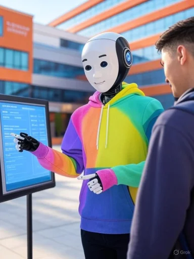 A humanoid robot with a friendly face and colorful hoodie interacts with a person outside a modern building.