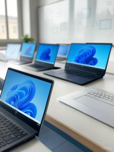 Multiple laptops displaying Windows 11 desktop screens are arranged on a white table in a bright, modern office.