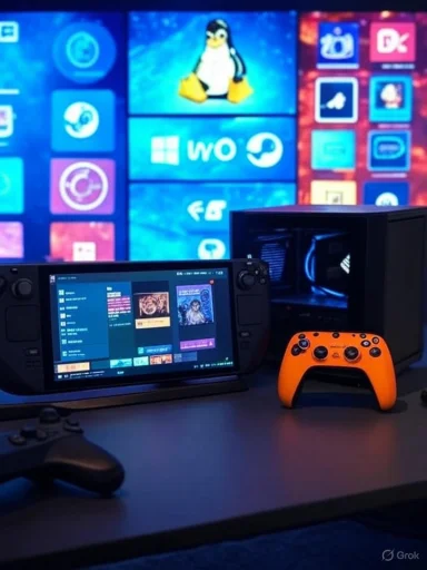 A gaming setup featuring a handheld console, a gaming PC with orange controller, and a large screen with various app icons.