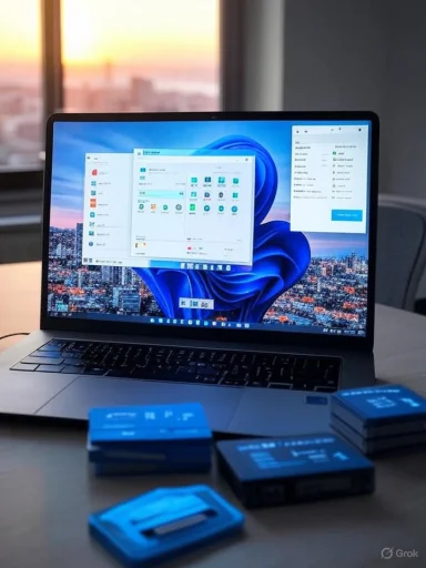 A laptop displaying a Windows interface on a desk with blue packaging and a window showing a cityscape at sunset.