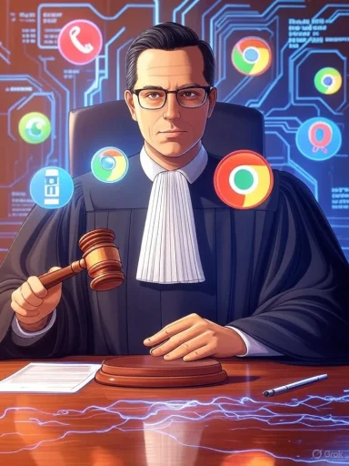 A judge in a court of law, depicted with tech-themed icons and a gavel in hand, overseeing digital court proceedings. A judge in a court of law, depicted with tech-themed icons and a gavel in hand, overseeing digital court proceedings.