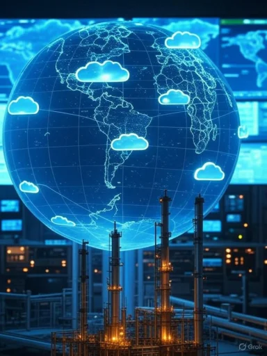 A digital globe with cloud icons dominates a control room or server farm environment.
