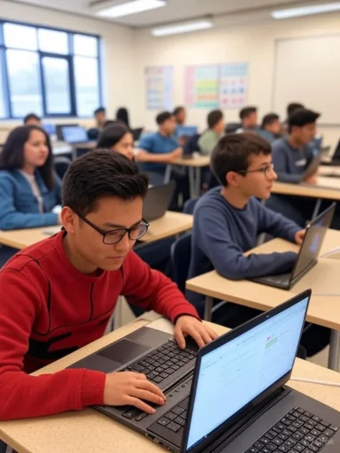 Students are focused on their laptops in a classroom, engaging in a computer-based learning activity.
