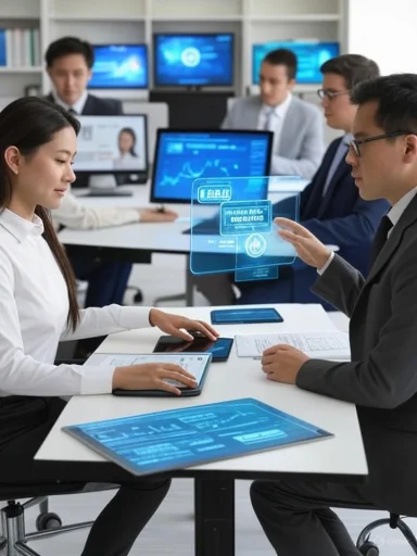 Business professionals use holographic displays and tablets in a modern office meeting.