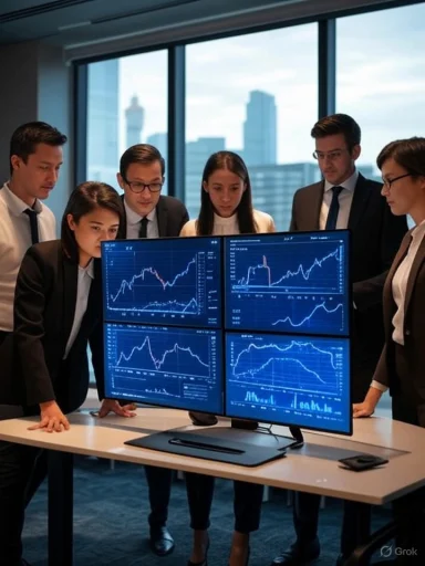 A diverse group of professionals analyzing multiple large screens with financial charts and data in a modern office.