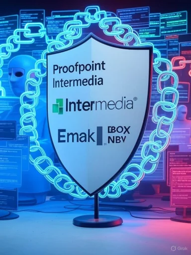 A security shield with company logos, surrounded by glowing chain links and digital screens, symbolizing cybersecurity.
