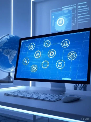 A computer monitor displays interconnected icons over a blue digital background, suggesting a cybersecurity or tech interface.