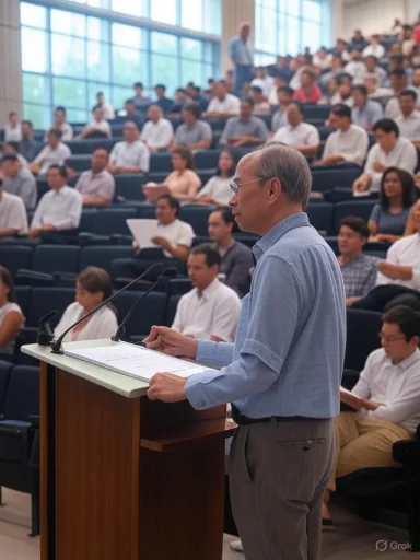 A man giving a speech at a podium in a large, attentive audience inside a modern lecture hall.