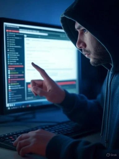 A person in a hoodie sits at a computer with a dark screen, pointing at the monitor displaying code or data.